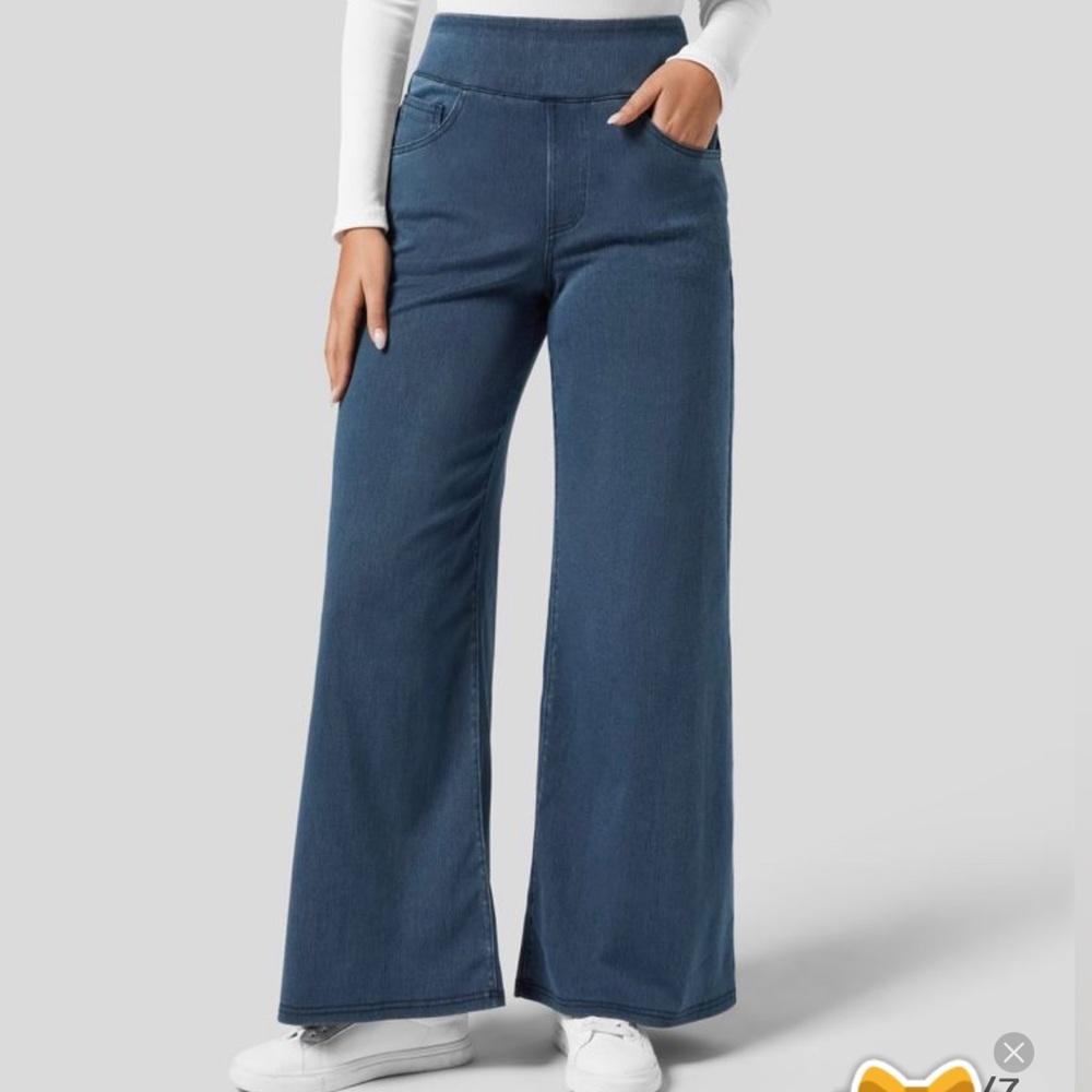 Halara Magic High Waisted Multiple Pocket Wide Leg Loose Stretchy Knit Work Jean